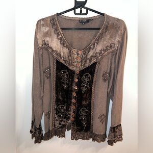 🔥🔥🔥 Finity Brown Velvet Beaded Sequin Sheer Patchwork Top Size: M